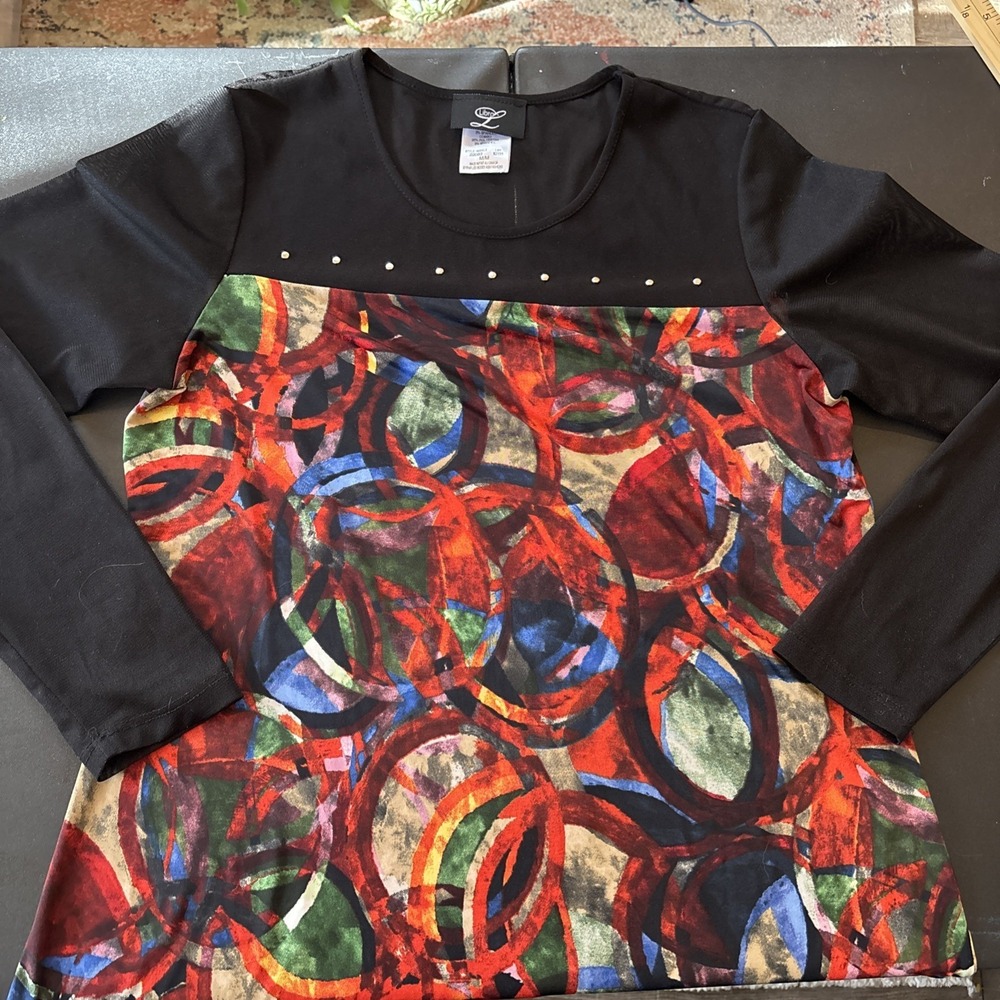 Libra Womens medium Multicolor Abstract Long Sleeve‎ Tunic Blouse Top